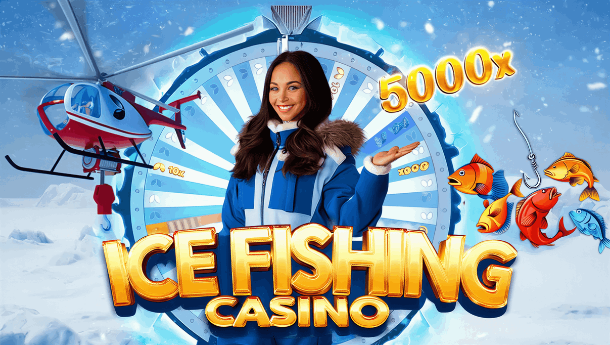 Lista kasyn z automatem ice fishing casino na tle lodowego jeziora i symboli hazardowych